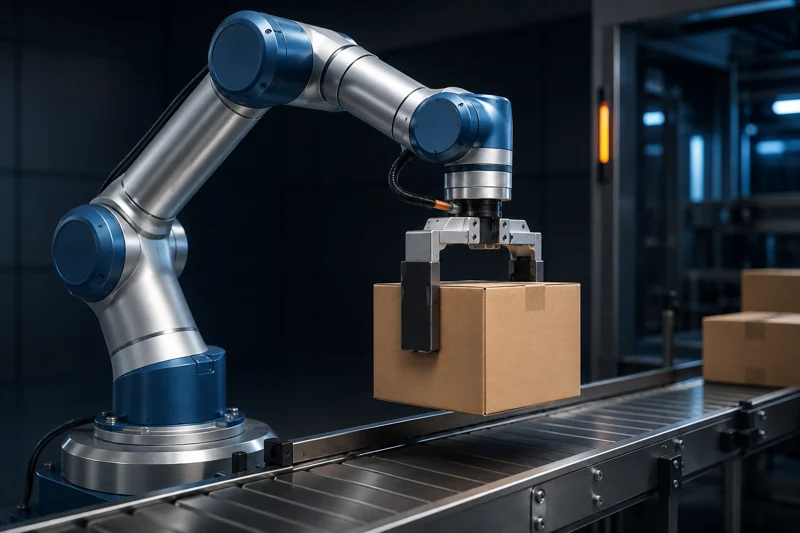 ภาพแนวคิด Cobot หยิบกล่องจากสายพานด้วยอุปกรณ์จับชิ้นงาน